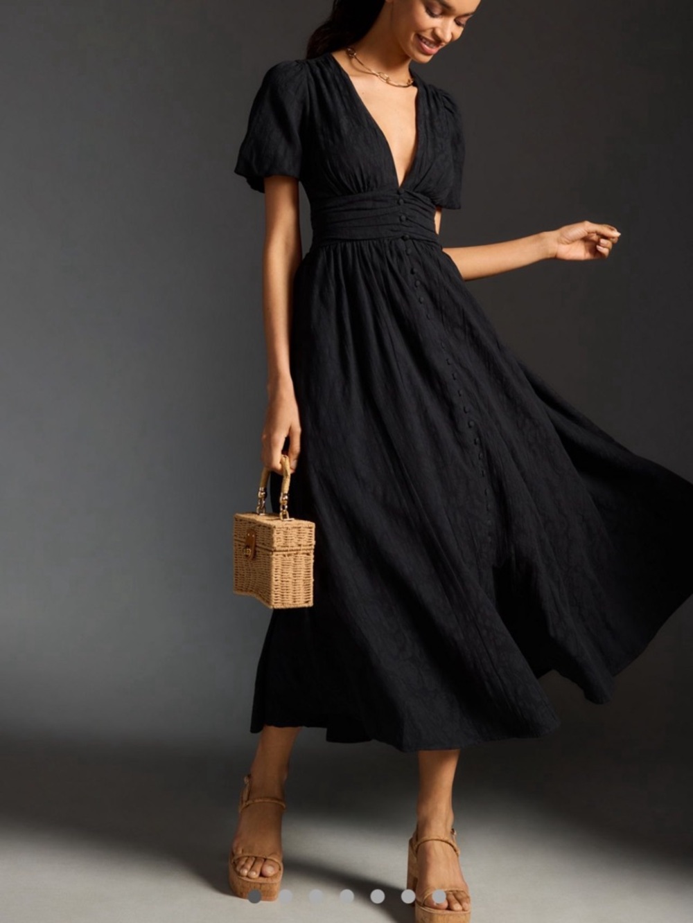 Anthropologie Black V-Neck Puff Sleeve Maxi Dress